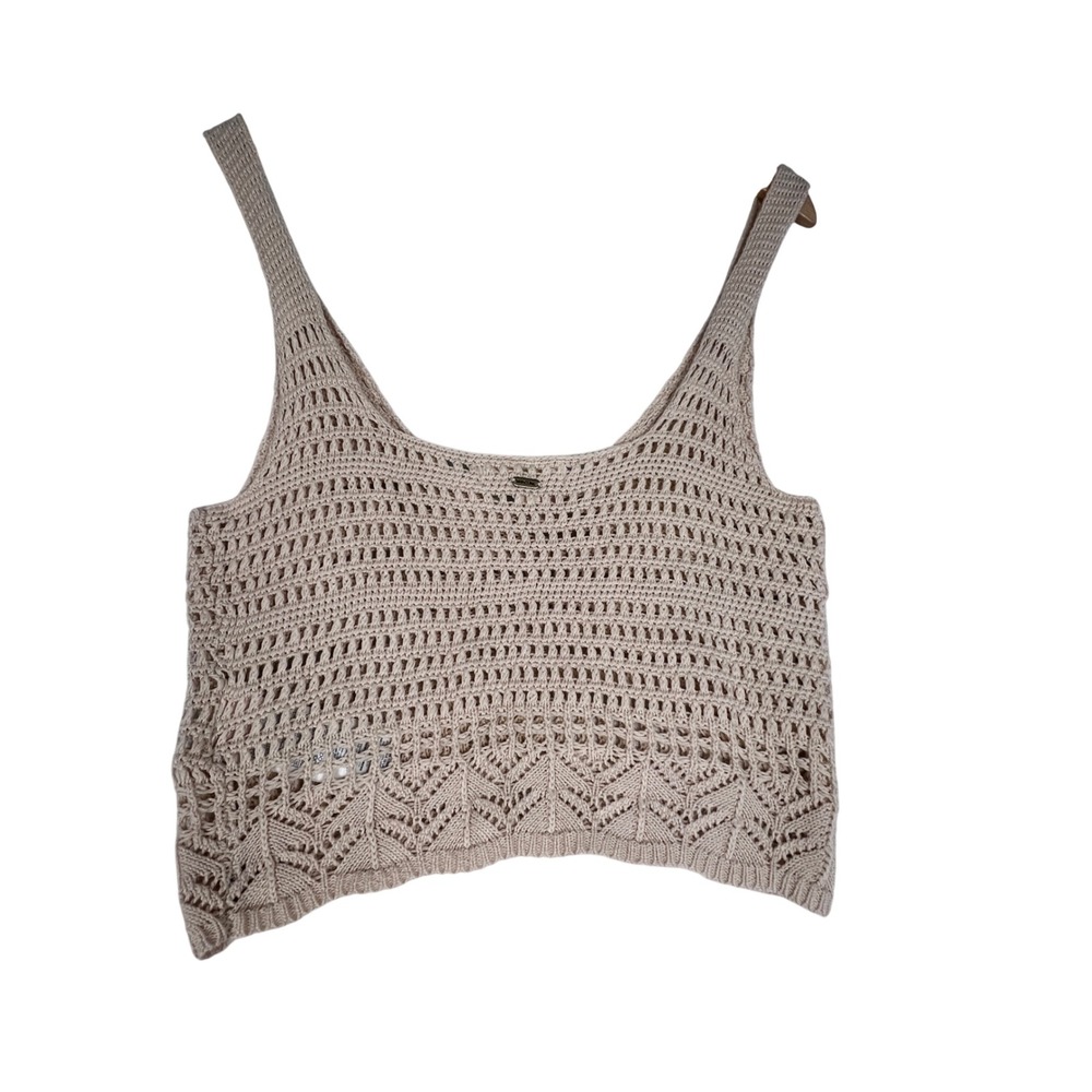 Rip Curl Beige Crochet Knit Tank Top Cotton Pointelle Scalloped Crop Small SS46